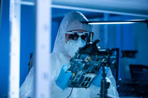 Microelectronics engineer works in a modern scientific laboratory on computing 库存照片