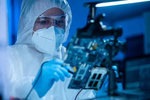 Microelectronics engineer works in a modern scientific laboratory on computing Stockfoto's