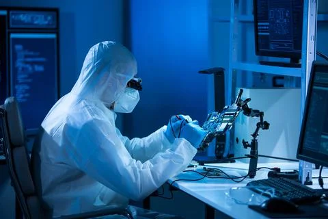 Microelectronics engineer works in a modern scientific laboratory on computing 스톡 사진