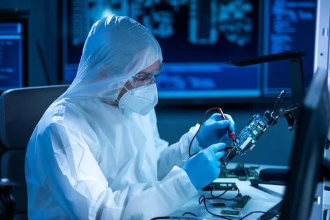 Microelectronics engineer works in a modern scientific laboratory on computing 스톡 사진