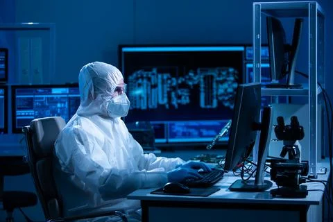 Microelectronics engineer works in a modern scientific laboratory on computing Stock Photos