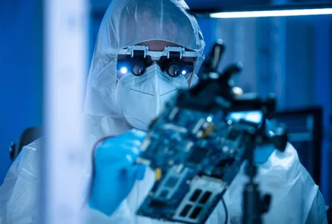 Microelectronics engineer works in a modern scientific laboratory on computing Stock-Fotos