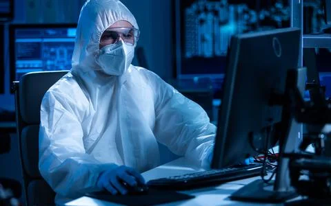 Microelectronics engineer works in a modern scientific laboratory on computing Stock Photos