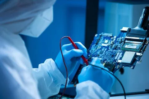 Microelectronics engineer works in a modern scientific laboratory on computing Stockfoto's