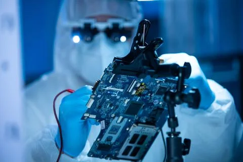 Microelectronics engineer works in a modern scientific laboratory on computing 写真素材