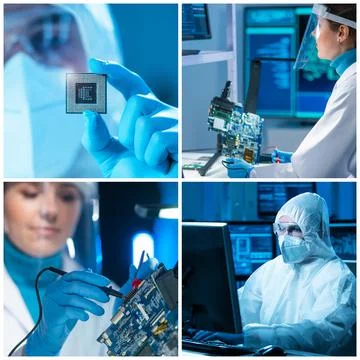 Microelectronics engineers work in a modern scientific laboratory on computing Stockfoto's