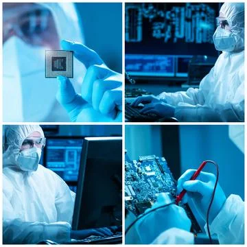 Microelectronics engineers work in a modern scientific laboratory on computing 库存照片