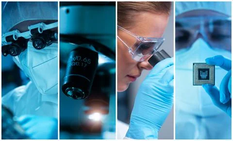 Microelectronics engineers work in a modern scientific laboratory on computing Stock Photos
