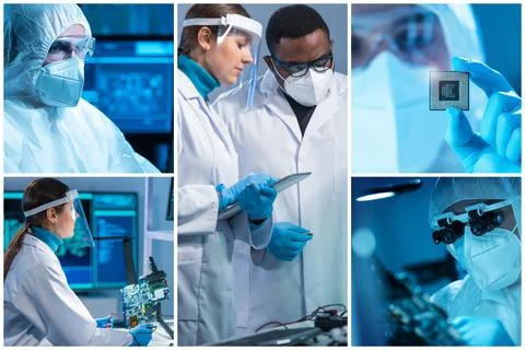 Microelectronics engineers work in a modern scientific laboratory on computing 写真素材
