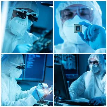 Microelectronics engineers work in a modern scientific laboratory on computing 스톡 사진