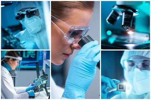 Microelectronics engineers work in a modern scientific laboratory on computing 库存照片