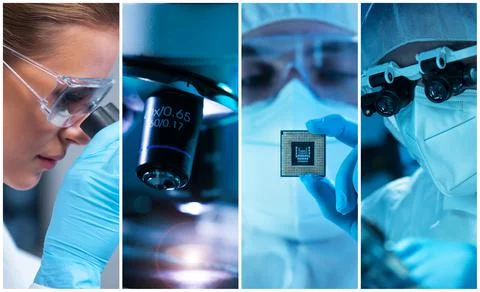 Microelectronics engineers work in a modern scientific laboratory on computing Stock Photos