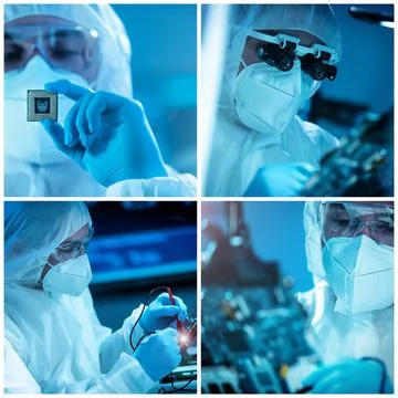 Microelectronics engineers work in a modern scientific laboratory on computing Foto stock