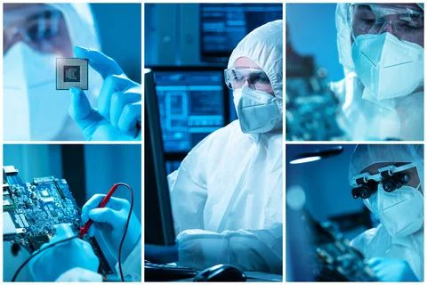 Microelectronics engineers work in a modern scientific laboratory on computing 写真素材