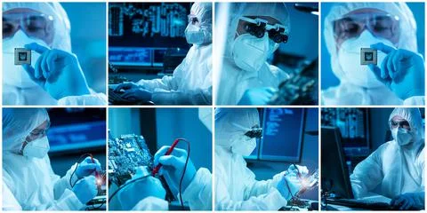 Microelectronics engineers work in a modern scientific laboratory on computing 库存照片
