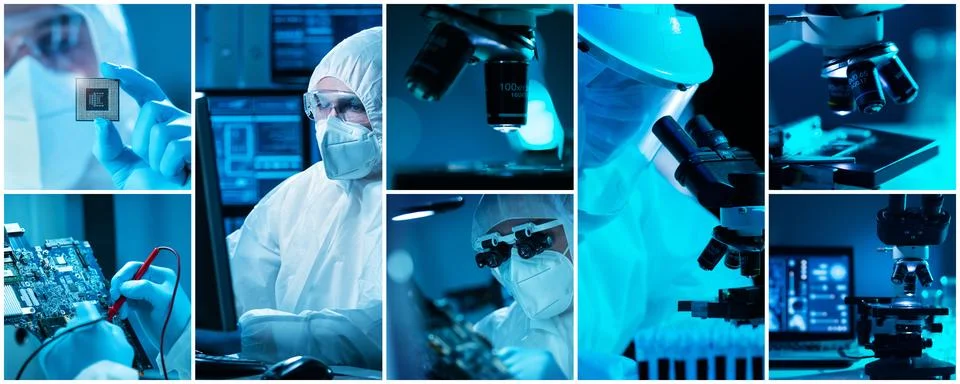 Microelectronics engineers work in a modern scientific laboratory on computing Stockfoto's