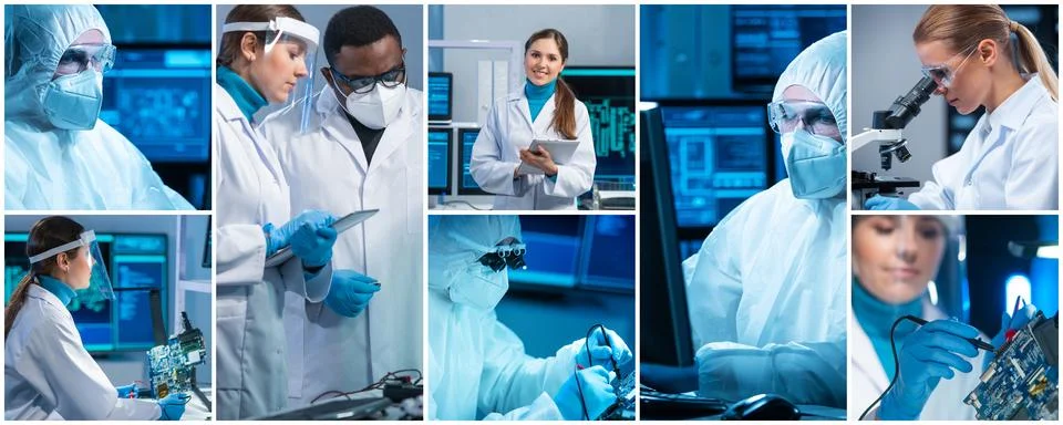 Microelectronics engineers work in a modern scientific laboratory on computing Stock Photos