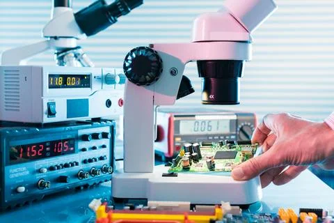 Microelectronics laboratory with the measuring instruments and microscopes... Stock Photos