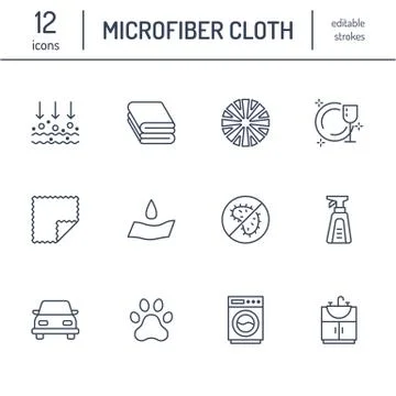Microfiber cloth properties flat line icons. Absorbing material, dust cleaning Illustrazione stock