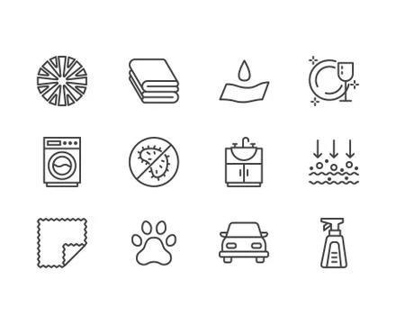 Microfiber cloth properties flat line icons. Absorbing material, dust cleaning Illustrazione stock