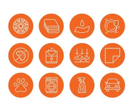 Microfiber cloth properties flat line icons. Absorbing material, dust cleaning Illustrazione stock