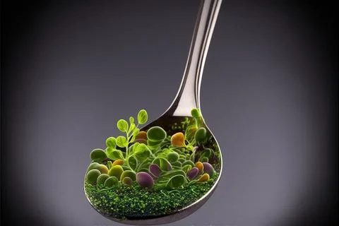 Microgreens in a spoon hyper-realistic Macro  Vegeterian seedlings are growing 스톡 일러스트