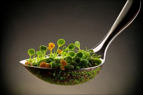 Microgreens in a spoon hyper-realistic Macro  Vegeterian seedlings are growing 스톡 일러스트