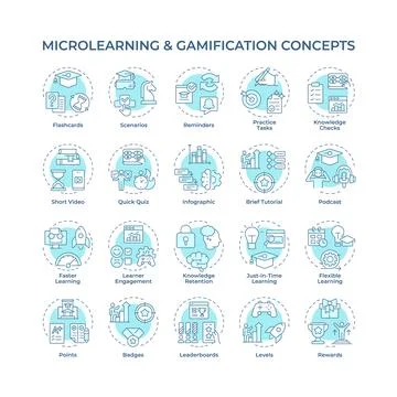 Microlearning and gamification soft blue concept icons Stock Illustration