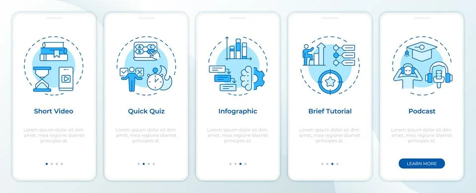 Microlearning content formats blue onboarding mobile app screen Stock Illustration
