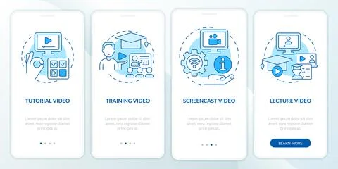 Microlearning video examples blue onboarding mobile app screen Illustrazione stock