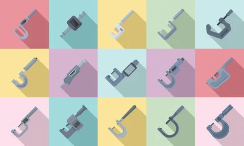 Micrometer icons set flat vector. Engineering gauge Stock Illustration
