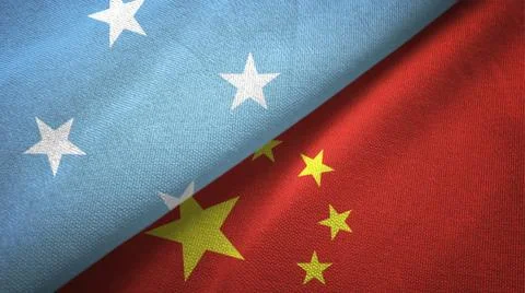 Micronesia and China two flags textile cloth, fabric texture Ilustração Stock