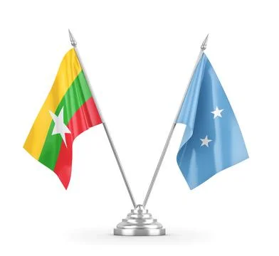 Micronesia and Myanmar table flags isolated on white 3D rendering Stock Illustration