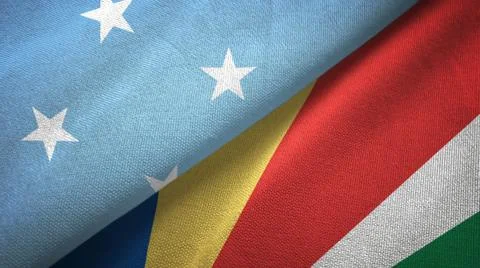 Micronesia and Seychelles two flags textile cloth, fabric texture Stock Illustration