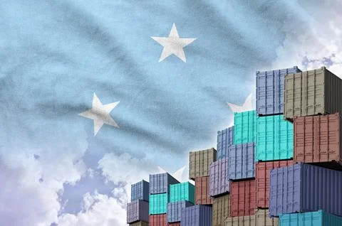 Micronesia flag and big stack of shipping cargo containers in docks with sky Stock Illustration