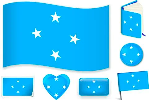 Micronesia. Micronesian flag wave, book, circle, pin, button, heart and sticker. Stock Illustration