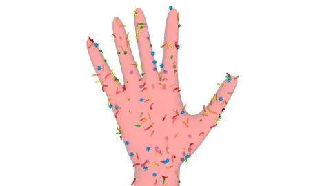Microorganisms, bacteria, viruses, microbes on hand. 3d render Stock Illustration