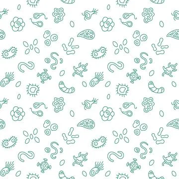 Microorganisms vector concept green line seamless pattern Illustrazione stock