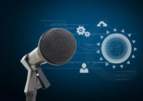 Microphone against blue background with technology interface 스톡 일러스트