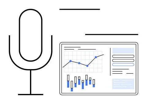 Microphone and Digital Analytics Dashboard with Graphs and Charts in Minima.. Illustrazione stock