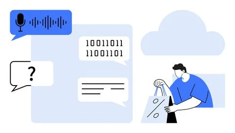 Microphone and sound waves, chat bubbles with binary code and text, person wi Stock Illustration