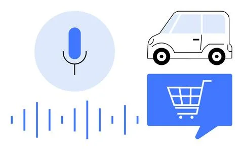 Microphone and sound waves indicate voice command usage for driving a car and Stock Illustration