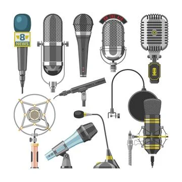 Microphone audio vector dictaphone and microphones for podcast broadcast or Stock Illustration