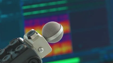 Microphone in the background of a computer with a recording program Stock Footage 176199058