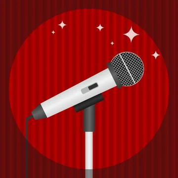A microphone on a background of red curtains, lit by a realistic microphone. Stock Illustration