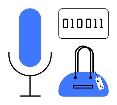 Microphone, binary code, and handbag with price tag. Ideal for digital commun Stock Illustration