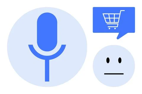 Microphone button for voice commands, shopping cart in speech bubble, emotion Stock Illustration