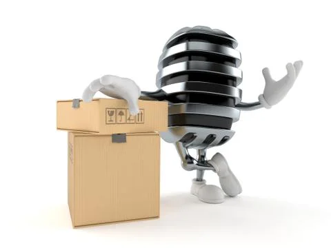 Microphone character with stack of boxes Stockillustratie