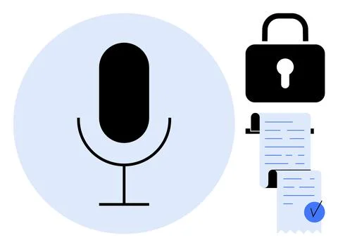 Microphone in circle, lock icon, and document with checkmark. Ideal for techn Illustrazione stock
