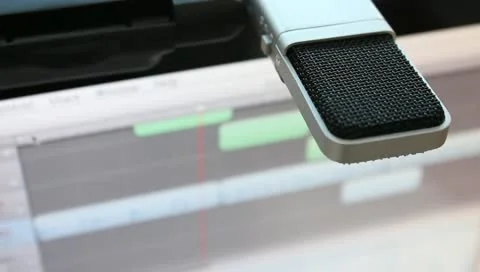 Microphone with computer audio editing software Video stock 11242436